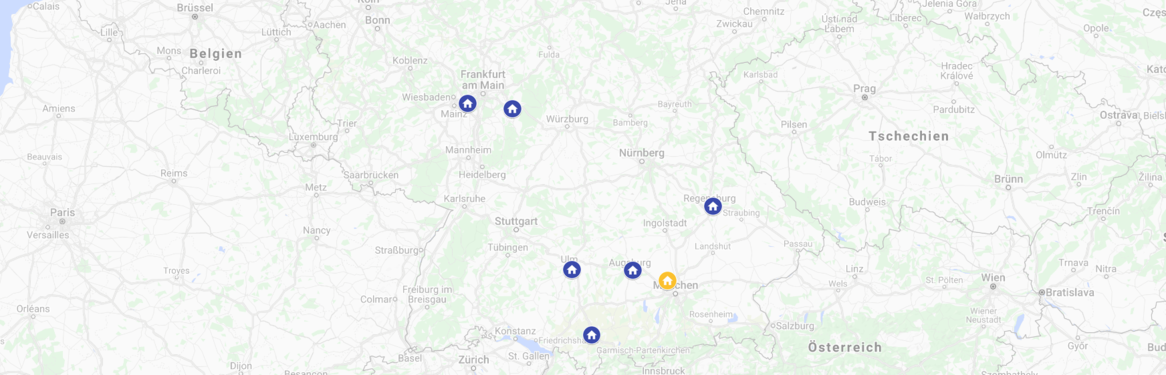 Eine Karte von Mitteleuropa mit mehreren markierten Standorten, darunter Städte in Deutschland und Österreich.
