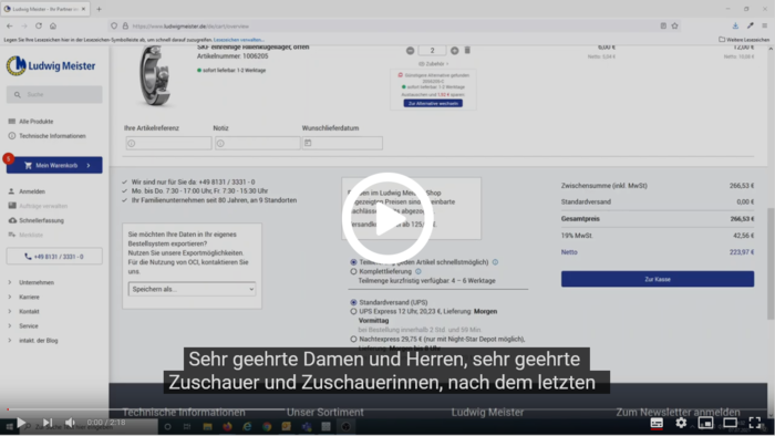 Bildschirmansicht eines Warenkorbs in einem Online-Shop mit einer Preiskalkulation und Exportoptionen.