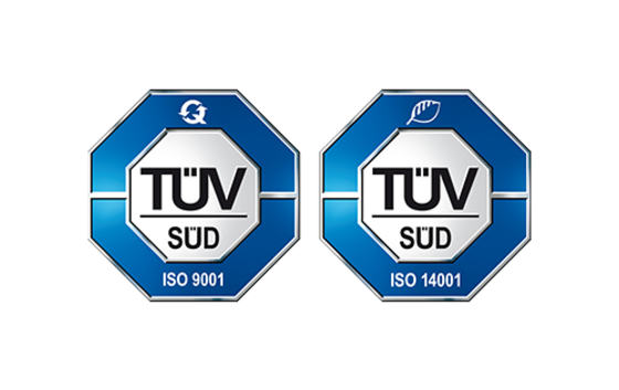 Zwei TÜV SÜD Logos für ISO 9001 und ISO 14001 Zertifizierungen.