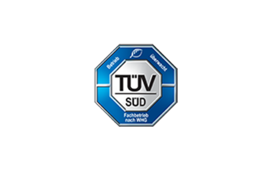 Ein TÜV SÜD Siegel, das einen Fachbetrieb nach WHG (Wasserhaushaltsgesetz) zertifiziert.