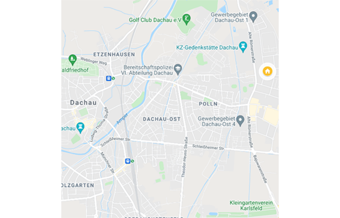 Eine Karte von Dachau mit markierten Orten wie dem Golf Club Dachau und der KZ-Gedenkstätte Dachau.