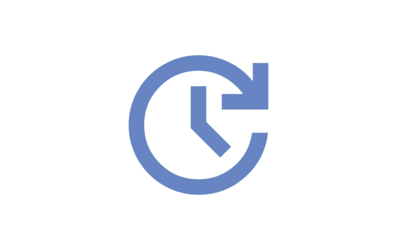 Ein blaues Uhrsymbol mit einem Pfeil, das flexible Arbeitszeiten darstellt.