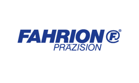 Das Bild zeigt das Logo der Firma "Fahrion Präzision" in blauer Schrift auf weißem Hintergrund.