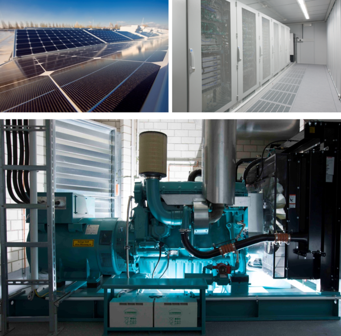 Das Bild zeigt Solarpaneele, Reihen von Server-Schränken und einen industriellen Generator in einer Halle.