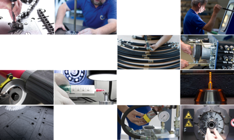 Eine Collage von Prozessen in der industriellen Montage, darunter Werkzeugverwendung, Schlauchverarbeitung und Qualitätsprüfung.