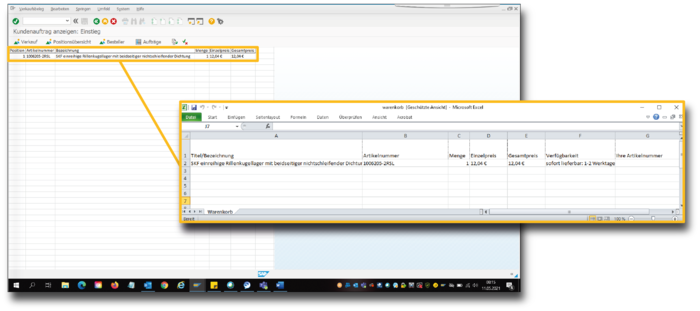 Das Bild zeigt einen Screenshot mit einem SAP-Interface und einem Excel-Dokument, die Bestellinformationen für ein SKF-Rillenkugellager anzeigen.