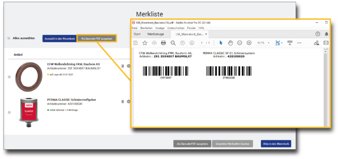 Ein Screenshot zeigt eine Merkliste mit Artikeln und deren Barcodes in einem PDF-Dokument.