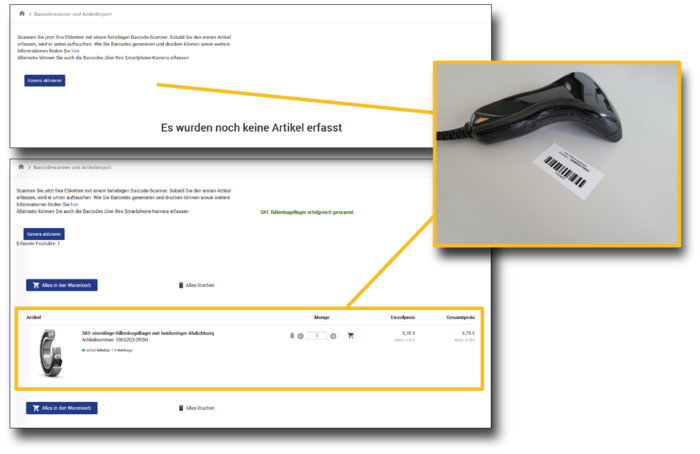 Ein Screenshot zeigt die Benutzeroberfläche eines Webshops mit einem integrierten Barcode-Scanner, der erfolgreich ein Produkt erfasst hat.