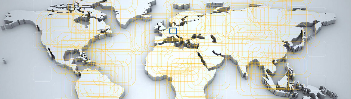 Eine stilisierte Weltkarte mit überlagerten goldenen Linien, die verschiedene Regionen verbinden.