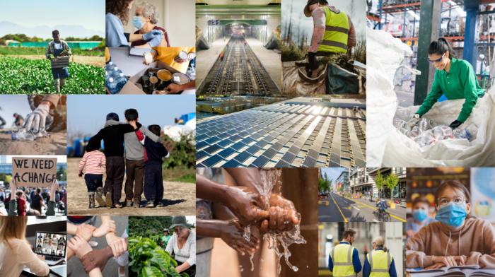 Eine Collage zeigt verschiedene Szenen von Nachhaltigkeitsbemühungen, darunter Landwirtschaft, Recycling, erneuerbare Energien, Gemeinschaftsaktivitäten und Hygiene.