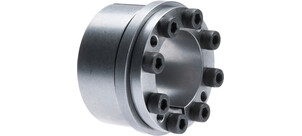 Eine metallische Welle-Nabe-Verbindung mit mehreren Schrauben zur Befestigung.