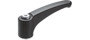 Ein schwarzer Klemmhebel mit runder Basis und ergonomischem Griff.