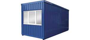 Ein blauer, rechteckiger Raum-Container mit einem Fenster an der Seite.