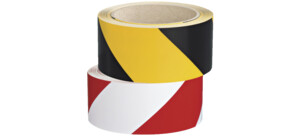 Zwei Rollen farbiges Warnband, eines in Gelb-Schwarz und das andere in Rot-Weiß.