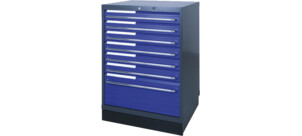 Ein blauer Schubladenschrank mit mehreren Schubladen und Etikettenhaltern an der Front.