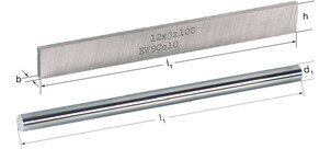 Zwei Metallkomponenten mit aufgedruckten Maßen und Bezeichnungen, darunter ein rechteckiges und ein zylindrisches Teil, werden dargestellt.