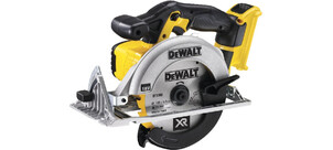 Eine gelb-schwarze Dewalt Akku-Handkreissäge mit einem silbernen Sägeblatt.