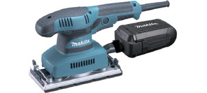 Ein elektrischer Schwingschleifer mit grauen und blauen Elementen, inklusive eines Staubfangbehälters.