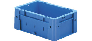 Ein blauer Kunststoff-Lagerkasten mit verstärkten Ecken und einer rechteckigen Form.