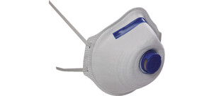 Eine weiße Atemschutzmaske mit blauem Ventil und verstellbaren Bändern.