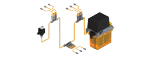 Darstellung eines SKF Einleitungs-Schmiersystems mit mehreren gelben Leitungen und einem zentralen Behälter.
