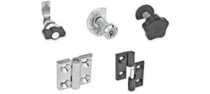 Verschiedene Schwenk- und Verriegelungselemente, darunter Drehgriffe und Scharniere, auf weißem Hintergrund.